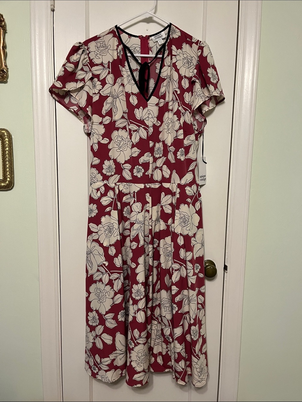 Unique Vintage Burgundy and Cream Floral Midi Dress